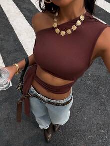 Muchica Women's Fashionable Brown Knit Off-The-Shoulder Top With Shoulder Ties, Summer Top, Outerwear, Elegant Top, Vacation Top, Brown Top, Women's Casual Shirt. - Brown - View 3