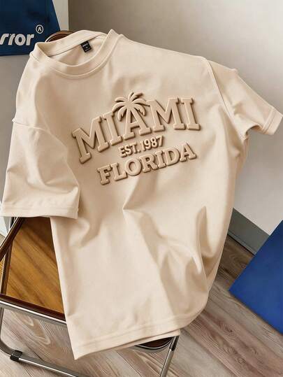 Manfinity Joysei 男士卡其色修身短袖T恤，3D字母图案，适合夏季外出、休闲简约日常穿着