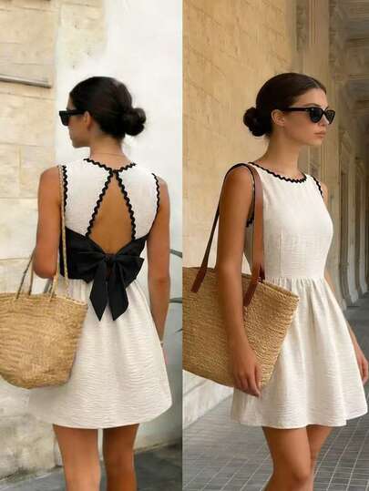 Pariaura Women's New Apricot & Black Wavy Ribbon Waist Sleeveless Casual Dress, Suitable For Commuting, Holiday, Beach, Daily Wear, Spring/Summer Summer Dress Women's Dress White Dress Backless Dress Cocktail Dress