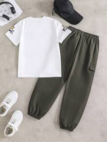 Tween Boy New Summer Graphic Round Neck T-Shirt & Pleated Cargo Pants 2 Pieces Casual Sports Set - Army Green - View 2