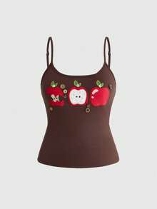 ROMWE Avant Millennium Vintage Spring/Summer Basic Versatile Apple Embroidered Floral Button Decor Plus Size Camisole And Tank Top - Brown - View 2