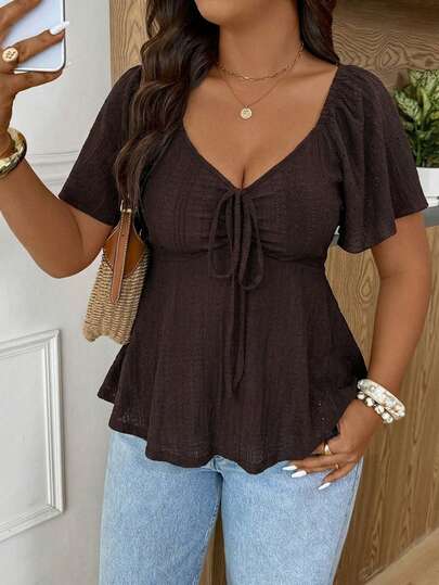 SHEIN Frenchy Plus Size Women V-Neck Short Waist Textured Brown Long Sleeve T-Shirt, Casual Versatile Tee, Ruffle Sleeve Cinching Waist Front Tie Design, Elegant Top, Commute Business Top, Brown Top Brown Top Lace Patchwork Top Peplum Top Social Blouse,Work Outfits For Women Floral Three-Dimensional Texture Fabric  Summer Tops Festival Outfits For Women Vacation Outfits For Women Casual Blouses For Women Elegant Women'S Blouses Beach Outfits For Women Party Top Simple Women Tops, Dark Brown Top Brown Summer Top Brown Blouse Brown Vacation Outfit Beach Cover Up Top