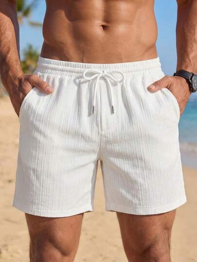 VIVINTIMO 男士纯色抽绳腰带口袋短裤，适合夏季