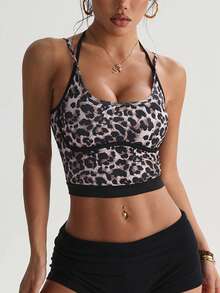 Dewbera 女士无袖豹纹运动上衣，轻盈透气，后背交叉设计，适合日常休闲穿着、跑步、瑜伽、健身、网球、骑行等运动。 - 彩色 - 查看 5