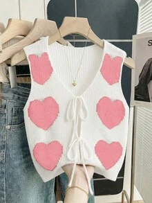 SHEIN LUNE 早春新款浪漫情人节可爱爱心图案休闲V领系带女式针织背心 - 彩色 - 查看 8