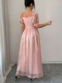 Selianne Women's Dusty Pink Summer Elegant Wedding Ninang Dress,Square Neck Tie Front Ruffle Hem Puff Sleeve Waist Fit Flare Elegant Fashion Retro High-End - Coral Pink - View 3