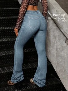 SHEIN Tall Quần jeans ống loe bó cạp vừa, lót nhiệt có túi dành cho nữ - Màu xanh lam - Xem 2