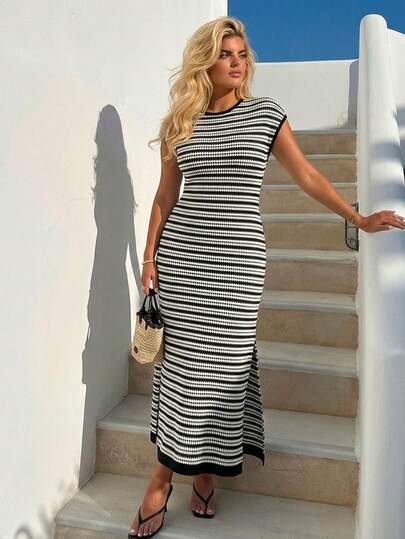 Dripcurv Đầm tay ngắn cổ tròn xẻ tà kẻ sọc dành cho nữ cỡ lớn, thích hợp mặc hàng ngày, hẹn hò, đi chơi.