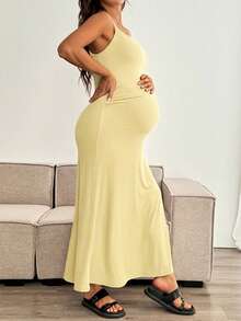 SHEIN Maternity Solid Color Mermaid Hem Fitted Camisole Dress - Yellow - View 5