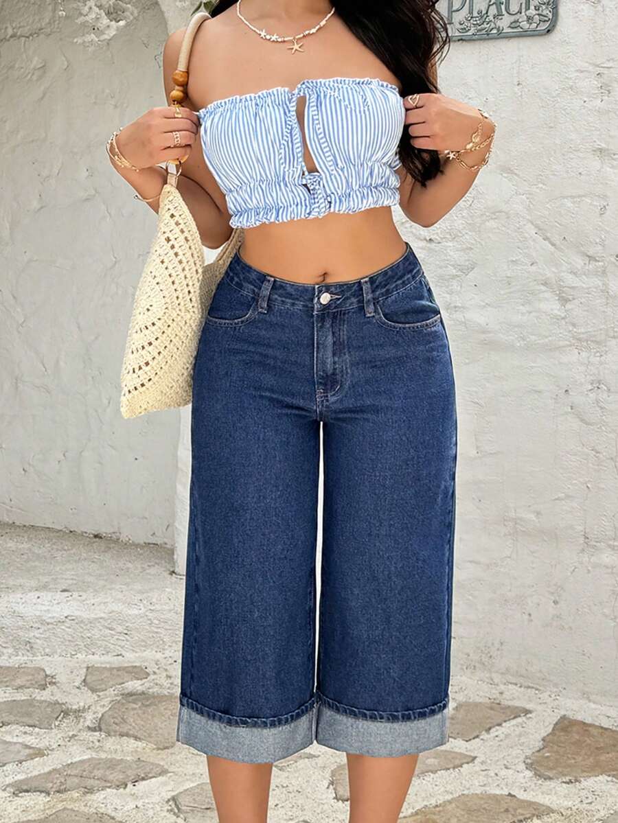 Rivivi 时尚卷边水洗休闲直筒牛仔裤 - 深色水洗藍 - 查看 1