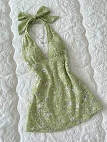 Elamini 女士休闲性感露背系带亮片提花迷你连衣裙 绿色 女士夏季连衣裙 蕾丝碎花连衣裙 露背连衣裙 亮片连衣裙 女士春季连衣裙 - 綠色 - 查看 1