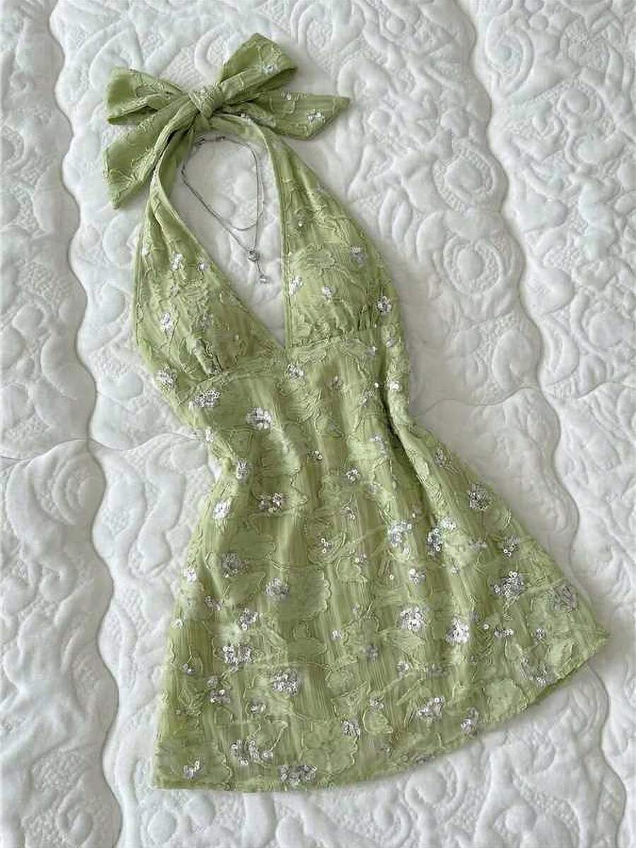 Elamini 女士休闲性感露背系带亮片提花迷你连衣裙 绿色 女士夏季连衣裙 蕾丝碎花连衣裙 露背连衣裙 亮片连衣裙 女士春季连衣裙 - 綠色 - 查看 1