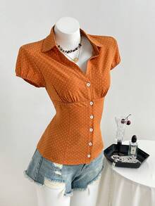 Elamini 波点印花翻领修身短袖女式衬衫，夏季女式衬衫，女士上衣和衬衫，女士短袖上衣，女士上衣，女士休闲Polo衫 - 黃色 - 查看 5