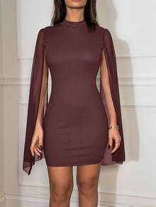 Ronhire Mini Bodycon Dress With Stand Collar Cape, Solid Color - Brown - View 4