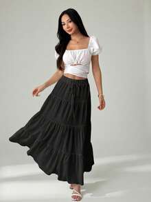 SHEIN PETITE 女款休閒度假多層蛋糕裙，百搭休閒優雅，適合春夏與秋冬，適用於假期與約會，適合嬌小女性 - 黑色 - 查看 6