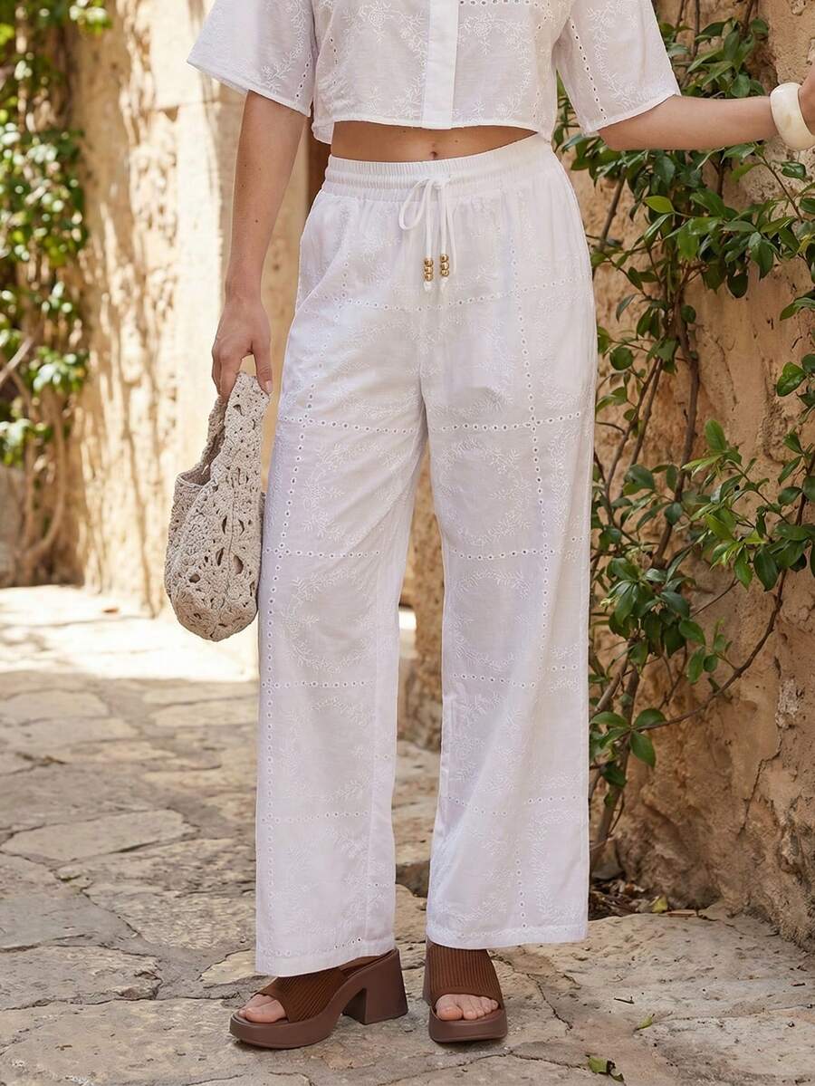 CielaLinda Women Embroidered Pants White Trousers With Metal Decor - White - View 1