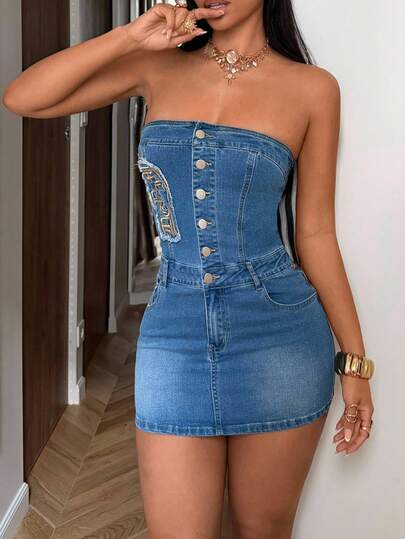 StreetHx Y2K 时尚休闲街头风贴布刺绣性感露脐牛仔连衣裙