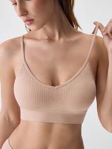SHEIN Conjunto de lencería de sostén y panty sin costuras y sin adornos - Caqui - Ver 7