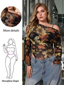 Hourglow Mono de malla transparente con estampado de hojas, de corte asimétrico, para talla grande, para figura de reloj de arena, para otoño/2026/Año Nuevo - Albaricoque - Ver 1
