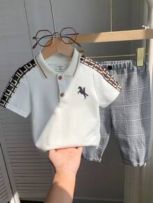 SHEIN 男宝宝可爱夏季针织撞色Polo衫和松紧腰格子裤套装 - 米色 - 查看 6