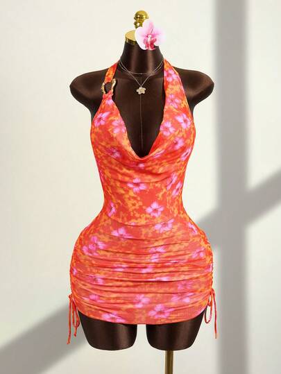 Zestiva 春夏热销高腰植物印花网纱单肩金属配饰挂脖系带连衣裙