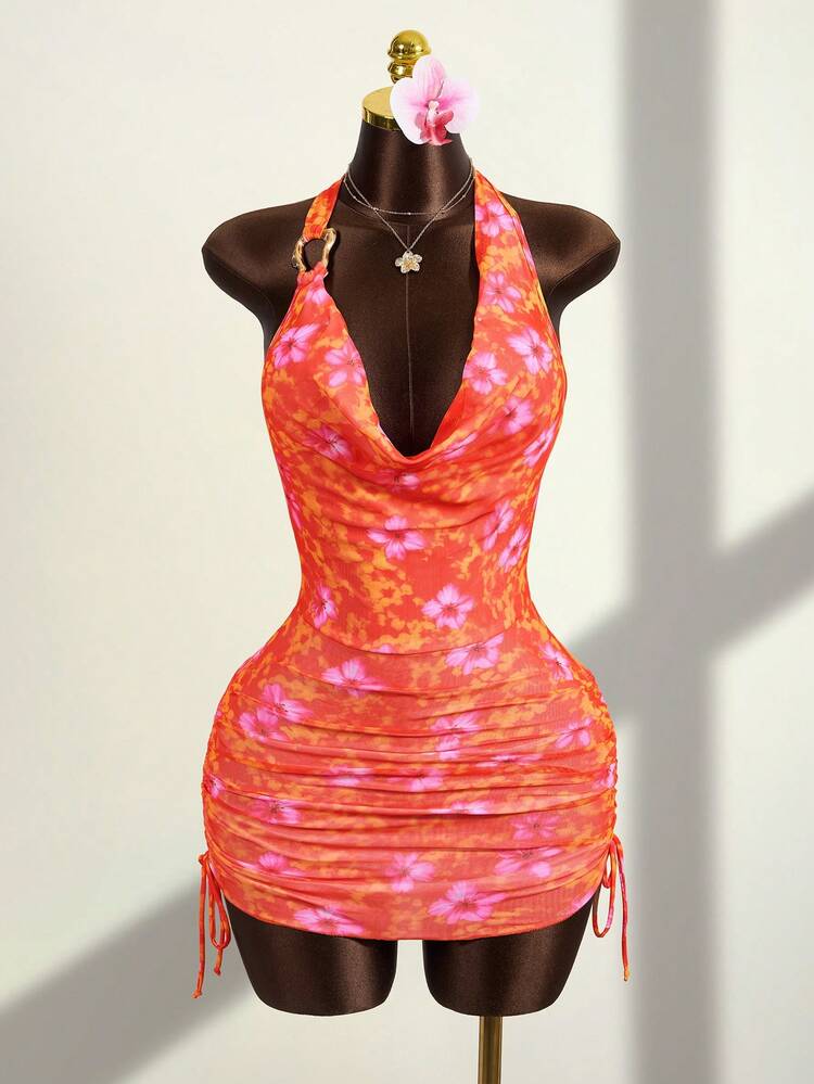 Zestiva Spring/Summer Hot Selling High Plant Print Mesh One Shoulder Metal Accessory Halter Tie Neck Ruched Side Drawstring Dress - Multicolor - View 1