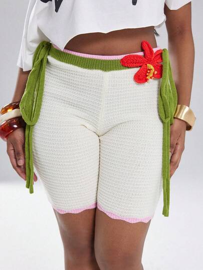Coolane Damen sexy, schicke Y2K Casual Boho Urlaubs-Outfits mit Rüschen, Strickblume und weißer Hose