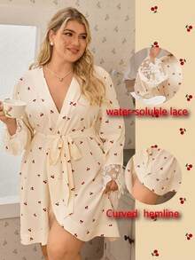 CottageSlumber Cherry Print Ruffle Splice Romantic Plus Size Robe - Apricot - View 2