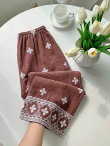 SHEIN EZwear Quần dài nữ màu cà phê kiểu Bohemian, in hoa, dệt kim, có dây rút ở eo. - Cà phê nâu - Xem 10