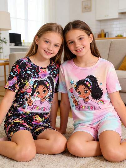 Girls Cute Tie-Dye Print Casual Short Sleeve Shorts, Pajama Set, One-Piece Loungewear Summer Suitable Sweet Girly Style Cute And Comfortable 2026 New Vacation Atmosphere Relaxed And Comfortable Y2K Style Girl Outfit Set Girls' Children's Clothing Snug Fit