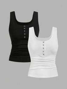 Slaydiva 2pcs Set Buttoned Crisscross Back Tank Tops With Pleats, Suitable For Women In Spring And Summer Back To School - Multicolor - View 1