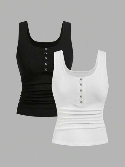 Slaydiva 2pcs Set Buttoned Crisscross Back Tank Tops With Pleats, Suitable For Women In Spring And Summer Back To School