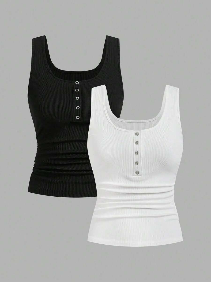 Slaydiva 2pcs Set Buttoned Crisscross Back Tank Tops With Pleats, Suitable For Women In Spring And Summer Back To School - Multicolor - View 1