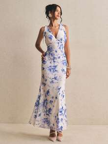 Poéselle 女士印花无袖扭结前襟优雅连衣裙 - 藍色 - 查看 8