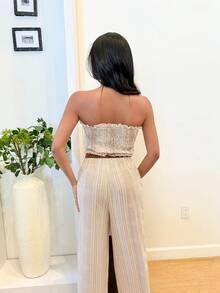 Natali Santanap 2pcs/Set Women Holiday Striped Bandeau Top And Pants Suit Summer Vacation Resort - Apricot - View 2