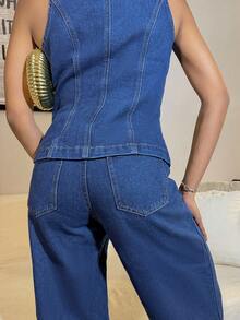 Natali Santanap Women's Metal Button Front Hem Slit Waist Tank Top And Long Jeans 2 Pieces Set - Elegant Denim Set, Wide Leg Loose Jeans, Women's High Waist Jeans, FW25, Old Money, Business Casual Woman, Fall Women Clothes - Dark Wash - View 3