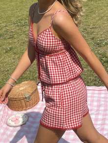 CovetEZ Women's Casual Plaid Camisole And Shorts 2 Pieces Set, Summer Gingham Set Two Piece Set Women Comfy Plaid Two Piece Set Pj Sets For Women Picknick Outfit Women Two Piece Sets Summer Women S Summer Co Ord Women S Summer Outfits Picnic Outfit For Women - Red and White - View 6