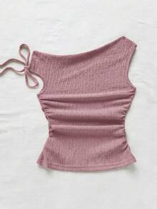 Soleia 女士度假杏色针织泡泡纹理面料不对称肩部系带修身上衣，适合派对、约会、城市街头、公路旅行、夏季海滩度假等场合。 - 粉色 - 查看 2