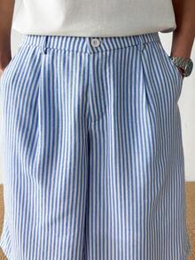 PAVTROS Men's Casual Striped Elastic Waist Bermuda Shorts, Light And Comfortable, Pleats Design, Spring/Summer Baby Blue Shorts Men Loose Shorts - Blue and White - View 6