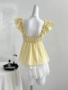 Elamini 优雅甜美的法式露背浪漫蕾丝收腰V领喇叭袖休闲通勤百搭女式衬衫 - 黃色 - 查看 2