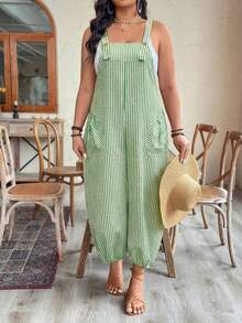 EMERY ROSE Plus Size Women's Elegant Striped Pocket Jumpsuit, Suitable For Work And Commute, Spring/Summer - Green - View 3
