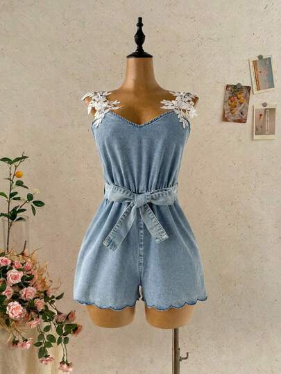 Soleia 女士休闲无袖牛仔连体裤，配贴花腰带