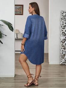 EMERY ROSE Plus Size Women V-Neck Ruffle Sleeve High-Low Hem Casual Denim Dress - Medium Wash - View 2
