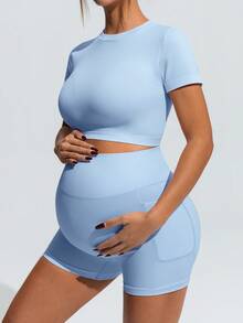 SHEIN Maternity Sports Solid Color Short Sleeve Cropped T-Shirt & Shorts,Word Cup - Baby Blue - View 8