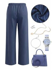 Franclia Plus Size Women Casual Elegant Striped Loose Pants Outfit - Navy Blue - View 2