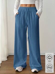 SHEIN PETITE 女士夏季乡村音乐会外出波西米亚海滩度假装扮基本款简约水洗100%纯棉白色弧形裤脚长裤,秋季女装 - 藏蓝色 - 查看 9