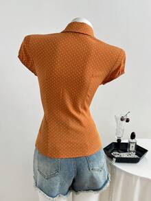 Elamini 波点印花翻领修身短袖女式衬衫，夏季女式衬衫，女士上衣和衬衫，女士短袖上衣，女士上衣，女士休闲Polo衫 - 黃色 - 查看 2
