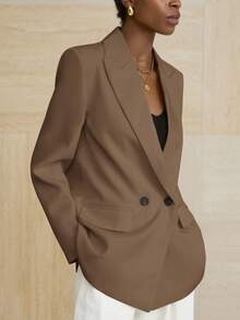 Aveloria Modichic Women's Business Style Solid Color Double-Breasted Blazer Jacket For Commuting, Autumn  - Coffee Brown - View 4