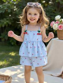 SHEIN Vintaside Kids Adorable Young Girls Fitted Blue Checkered Cherry Embroidered Camisole Top And Shorts Outfit - Blue - View 3