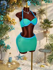 Amplova 两件套：绳结装饰露脐吊带上衣和超低腰迷你裙 - 藍色 - 查看 7